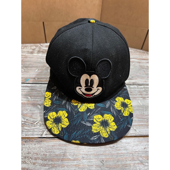 Disney Other - Disney Mickey Mouse Snapback Hat Black Tropical Floral Hibiscus Flat Bill Cap
